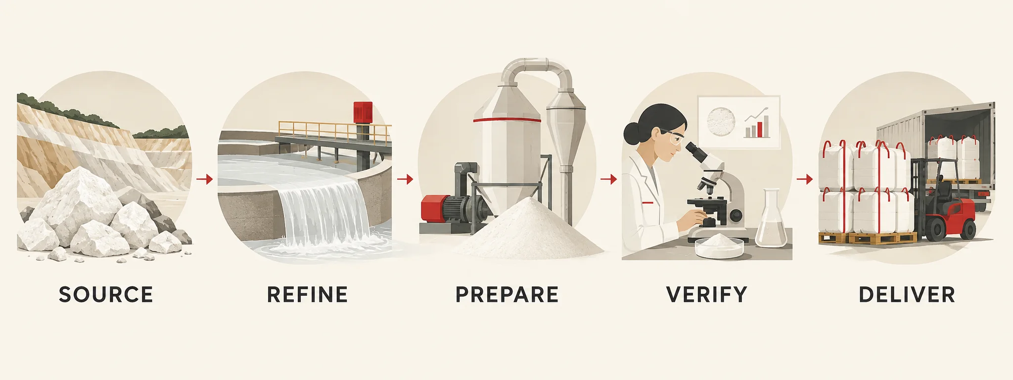 Five-stage kaolin process: source, refine, prepare, verify and deliver